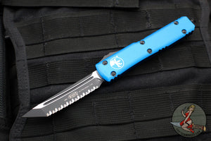 Microtech Ultratech OTF Knife- Tanto Edge- Blue Handle- Black Full Serrated Blade 123-3 BL