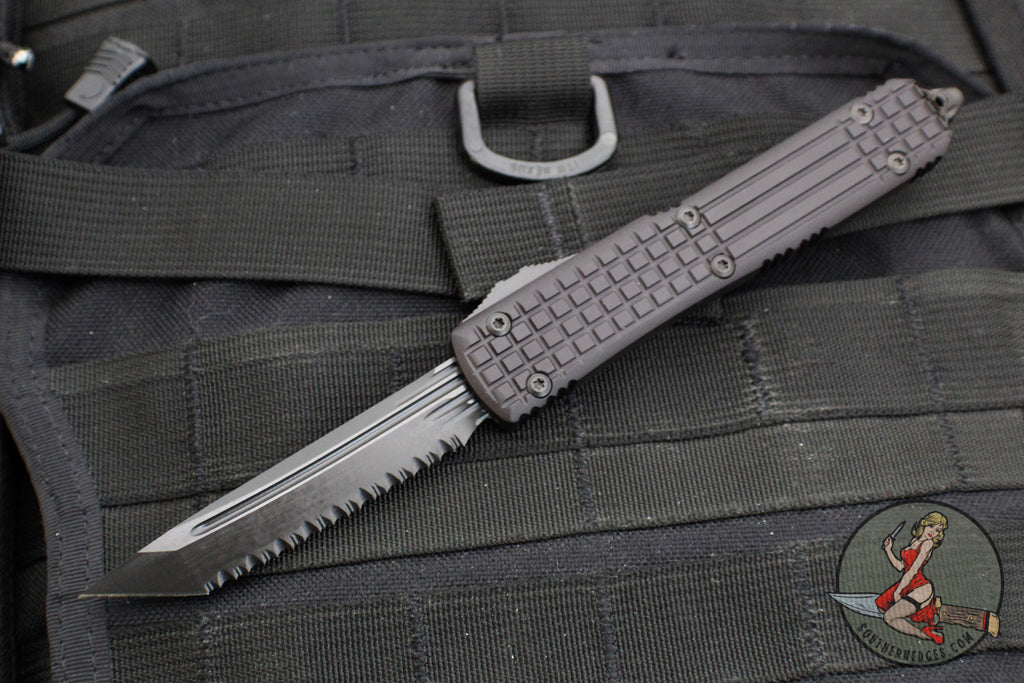 Microtech Ultratech OTF Knife- Delta- Tanto Edge- Frag Black Handle- Black DLC Full Serrated Edge Blade- DLC HW- Nickel Boron Internals 123-3UT-DS