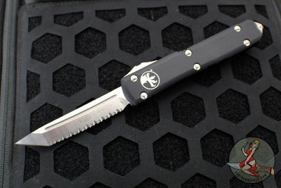 Microtech Ultratech OTF Knife- Tanto Edge- Black Handle- Satin Full Serrated Blade 123-6