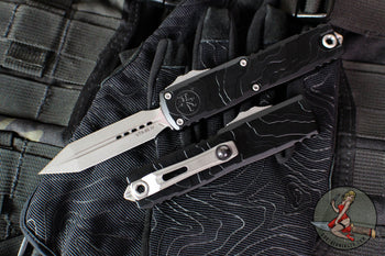Microtech UTX-85 OTF Knife- GEN IV- Spartan Edge- Black Topographic Patterned Handle- Apocalyptic Finished Blade 12304TP-10 AP
