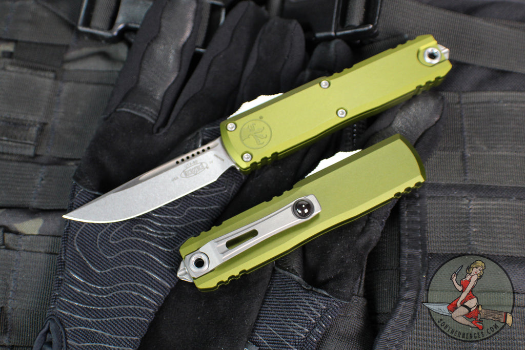 Microtech UTX-85 OTF Knife- GEN IV- Single Edge- OD Green Handle- Stonewash Blade 12314-10 OD
