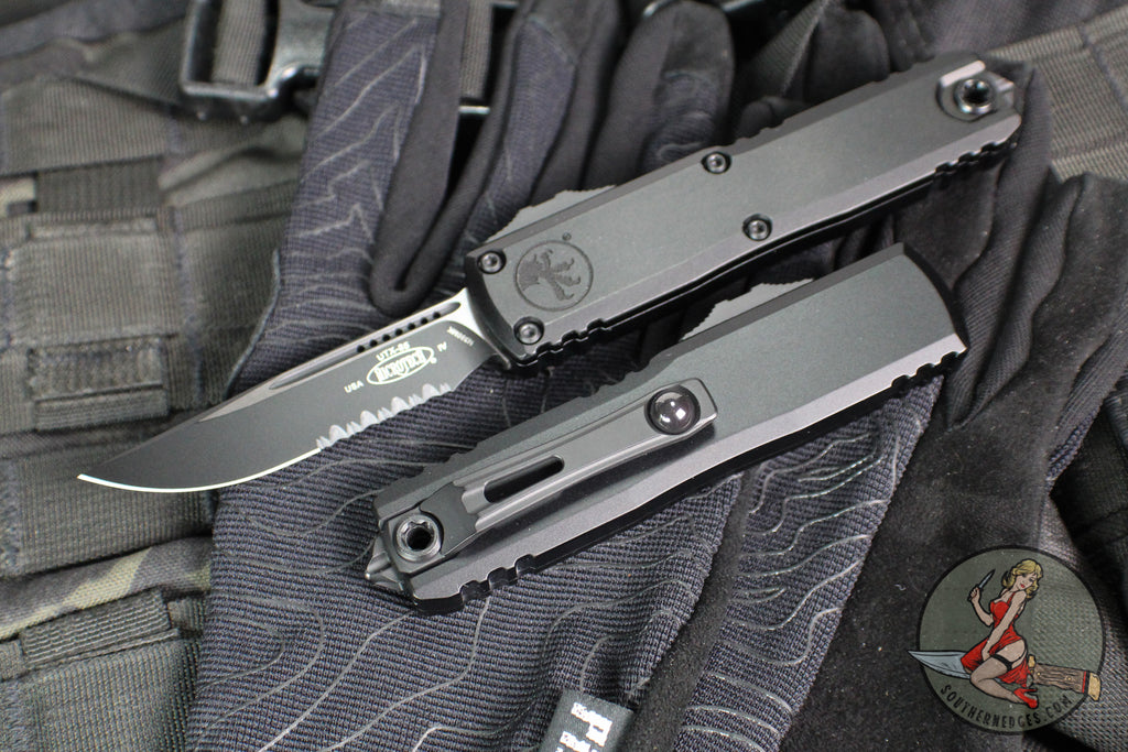 Microtech UTX-85 OTF Knife- GEN IV- Single Edge- Tactical- Black Handle- Black Part Serrated Blade 12314-2 T