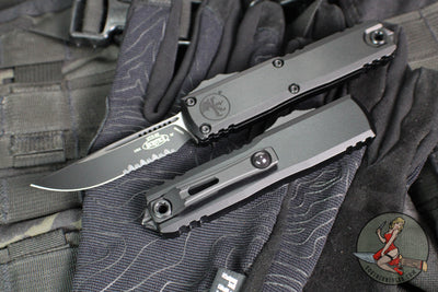 Microtech UTX-85 OTF Knife- GEN IV- Single Edge- Tactical- Black Handle- Black Part Serrated Blade 12314-2 T
