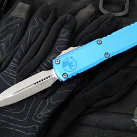 Microtech UTX-85 OTF Knife- GEN III- Double Edge- Blue Handle- Apocalyptic Blade 1232-10 APBL