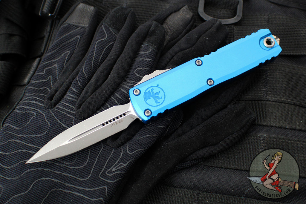 Microtech UTX-85 OTF Knife- GEN III- Double Edge- Blue Handle- Apocalyptic Blade 1232-10 APBL