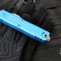 Microtech UTX-85 OTF Knife- GEN III- Double Edge- Blue Handle- Apocalyptic Blade 1232-10 APBL