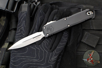Microtech UTX-85 OTF Knife- GEN III- Double Edge- Black Handle- Stonewash Blade 1232-10