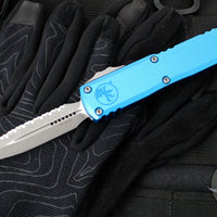 Microtech UTX-85 OTF Knife- GEN III- Double Edge- Blue Handle- Apocalyptic Full Serrated Blade 1232-12 APBL
