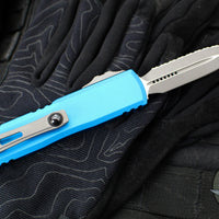 Microtech UTX-85 OTF Knife- GEN III- Double Edge- Blue Handle- Apocalyptic Full Serrated Blade 1232-12 APBL