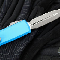 Microtech UTX-85 OTF Knife- GEN III- Double Edge- Blue Handle- Apocalyptic Full Serrated Blade 1232-12 APBL
