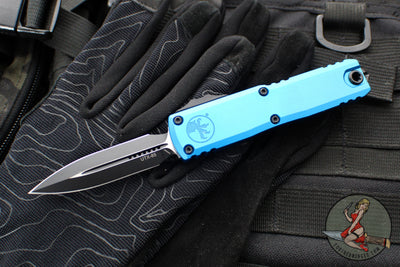 Microtech UTX-85 OTF Knife- GEN III- Double Edge- Blue Handle- Black Blade 1232-1 BL