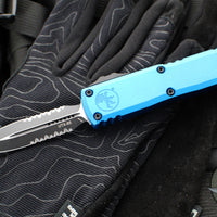 Microtech UTX-85 OTF Knife- GEN III- Double Edge- Blue Handle- Black Part Serrated Blade 1232-2 BL