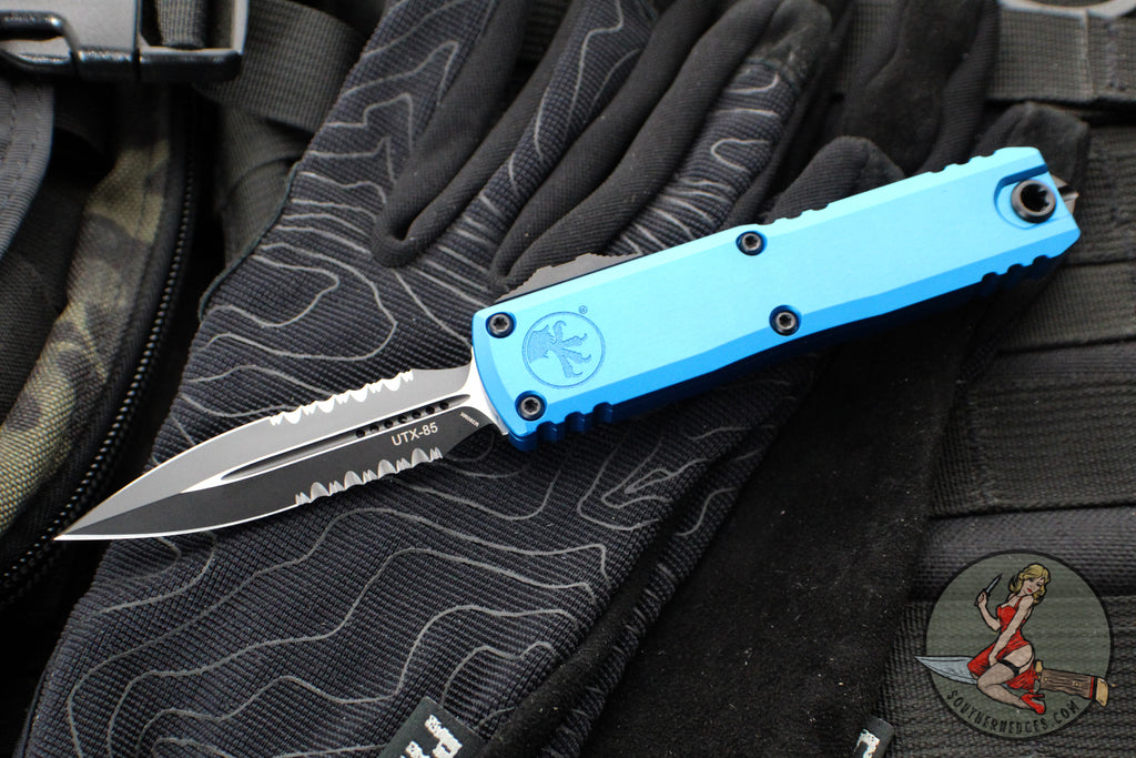 Microtech UTX-85 OTF Knife- GEN III- Double Edge- Blue Handle- Black Part Serrated Blade 1232-2 BL