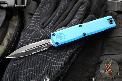 Microtech UTX-85 OTF Knife- GEN III- Double Edge- Blue Handle- Black Part Serrated Blade 1232-2 BL