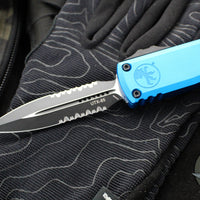 Microtech UTX-85 OTF Knife- GEN III- Double Edge- Blue Handle- Black Part Serrated Blade 1232-2 BL