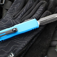 Microtech UTX-85 OTF Knife- GEN III- Double Edge- Blue Handle- Black Part Serrated Blade 1232-2 BL