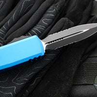 Microtech UTX-85 OTF Knife- GEN III- Double Edge- Blue Handle- Black Part Serrated Blade 1232-2 BL