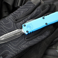 Microtech UTX-85 OTF Knife- GEN III- Double Edge- Blue Handle- Black Full Serrated Blade 1232-3 BL