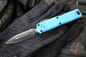 Microtech UTX-85 OTF Knife- GEN III- Double Edge- Blue Handle- Black Full Serrated Blade 1232-3 BL