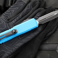 Microtech UTX-85 OTF Knife- GEN III- Double Edge- Blue Handle- Black Full Serrated Blade 1232-3 BL