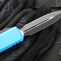 Microtech UTX-85 OTF Knife- GEN III- Double Edge- Blue Handle- Black Full Serrated Blade 1232-3 BL