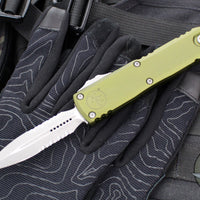 Microtech UTX-85 OTF Knife- GEN IV- Double Edge- OD Green Handle- Apocalyptic Part Serrated Blade 12324-11 APOD