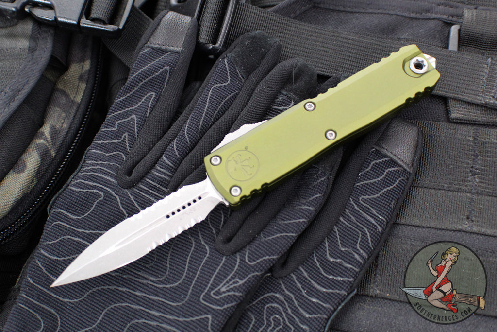 Microtech UTX-85 OTF Knife- GEN IV- Double Edge- OD Green Handle- Apocalyptic Part Serrated Blade 12324-11 APOD