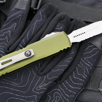 Microtech UTX-85 OTF Knife- GEN IV- Double Edge- OD Green Handle- Apocalyptic Part Serrated Blade 12324-11 APOD