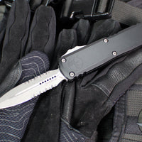 Microtech UTX-85 OTF Knife- GEN IV- Double Edge- Black Handle- Apocalyptic Finished Part Serrated Blade 12324-11 AP