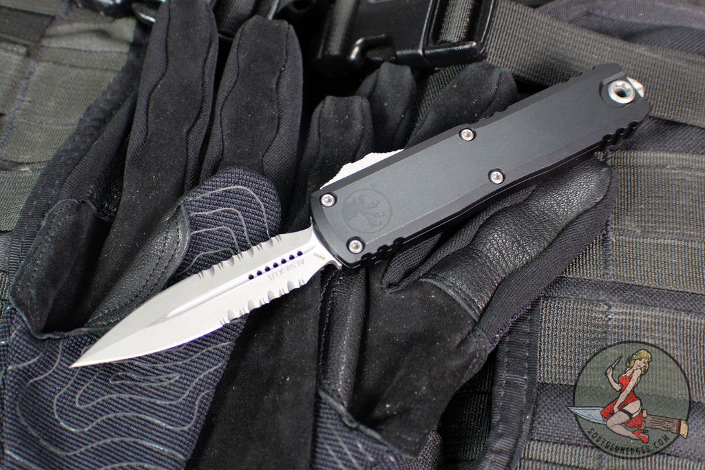 Microtech UTX-85 OTF Knife- GEN IV- Double Edge- Black Handle- Apocalyptic Finished Part Serrated Blade 12324-11 AP