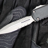 Microtech UTX-85 OTF Knife- GEN IV- Double Edge- Black Handle- Apocalyptic Finished Part Serrated Blade 12324-11 AP