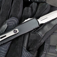 Microtech UTX-85 OTF Knife- GEN IV- Double Edge- Black Handle- Apocalyptic Finished Part Serrated Blade 12324-11 AP