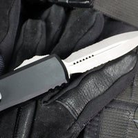 Microtech UTX-85 OTF Knife- GEN IV- Double Edge- Black Handle- Apocalyptic Finished Part Serrated Blade 12324-11 AP