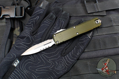 Microtech UTX-85 OTF Knife- GEN IV- Double Edge- OD Green Handle- Stonewash Part Serrated Blade 12324-11 OD