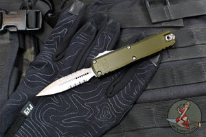 Microtech UTX-85 OTF Knife- GEN IV- Double Edge- OD Green Handle- Stonewash Part Serrated Blade 12324-11 OD