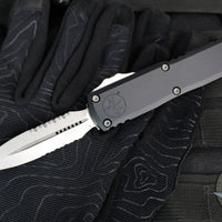 Microtech UTX-85 OTF Knife- GEN IV- Double Edge- Black Handle- Stonewash Part Serrated Blade 12324-11