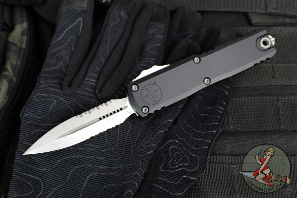 Microtech UTX-85 OTF Knife- GEN IV- Double Edge- Black Handle- Stonewash Part Serrated Blade 12324-11