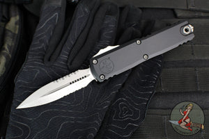 Microtech UTX-85 OTF Knife- GEN IV- Double Edge- Black Handle- Stonewash Part Serrated Blade 12324-11