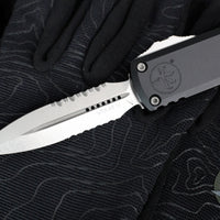 Microtech UTX-85 OTF Knife- GEN IV- Double Edge- Black Handle- Stonewash Part Serrated Blade 12324-11