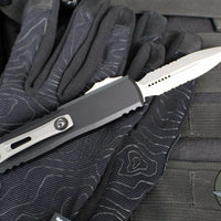 Microtech UTX-85 OTF Knife- GEN IV- Double Edge- Black Handle- Stonewash Part Serrated Blade 12324-11