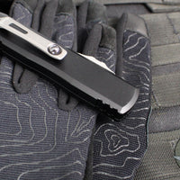 Microtech UTX-85 OTF Knife- GEN IV- Double Edge- Black Handle- Stonewash Part Serrated Blade 12324-11