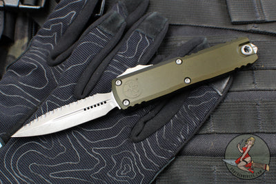 Microtech UTX-85 OTF Knife- GEN IV- Double Edge- OD Green Handle- Apocalyptic Full Serrated Blade 12324-12 APOD