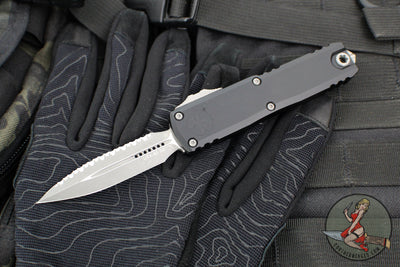 Microtech UTX-85 OTF Knife- GEN IV- Double Edge- Black Handle- Apocalyptic Full Serrated Blade 12324-12 AP