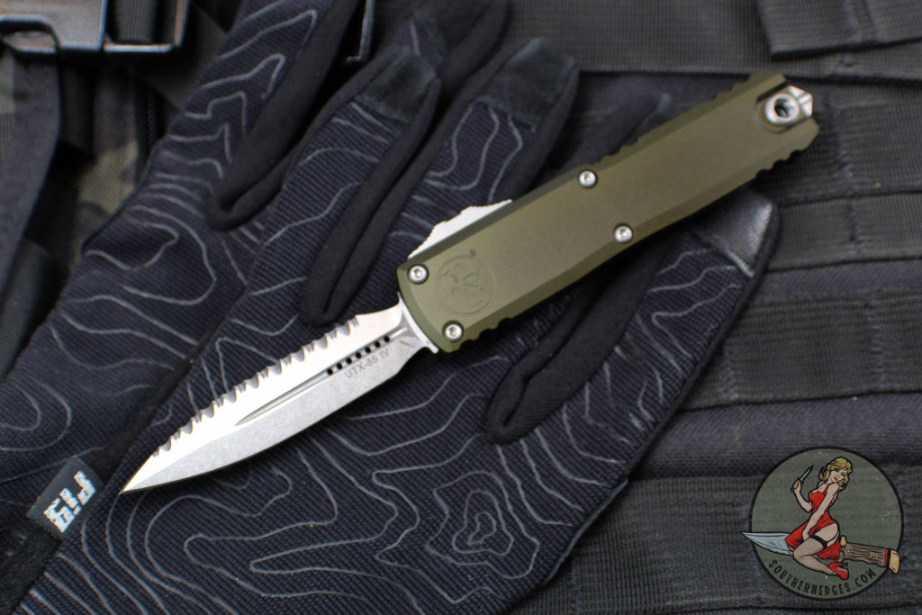 Microtech UTX-85 OTF Knife- GEN IV- Double Edge- OD Green Handle- Stonewash Full Serrated Blade 12324-12 OD