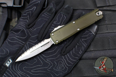Microtech UTX-85 OTF Knife- GEN IV- Double Edge- OD Green Handle- Stonewash Full Serrated Blade 12324-12 OD