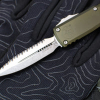 Microtech UTX-85 OTF Knife- GEN IV- Double Edge- OD Green Handle- Stonewash Full Serrated Blade 12324-12 OD