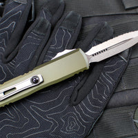 Microtech UTX-85 OTF Knife- GEN IV- Double Edge- OD Green Handle- Stonewash Full Serrated Blade 12324-12 OD