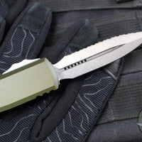 Microtech UTX-85 OTF Knife- GEN IV- Double Edge- OD Green Handle- Stonewash Full Serrated Blade 12324-12 OD