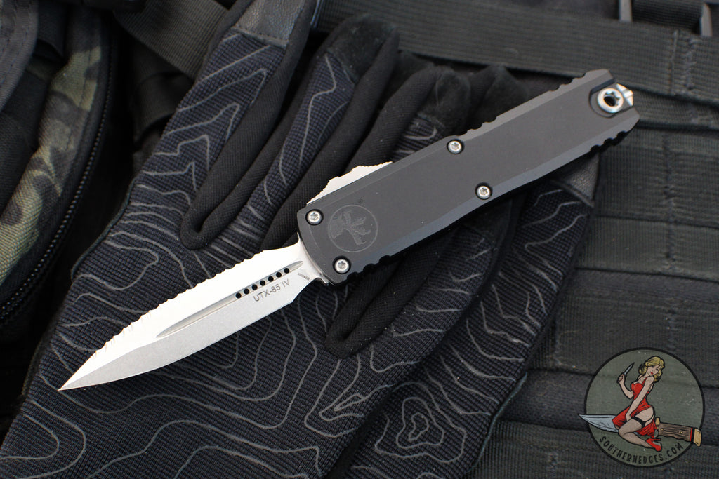Microtech UTX-85 OTF Knife- GEN IV- Double Edge- Black Handle- Stonewash Full Serrated Blade 12324-12