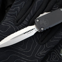 Microtech UTX-85 OTF Knife- GEN IV- Double Edge- Black Handle- Stonewash Full Serrated Blade 12324-12
